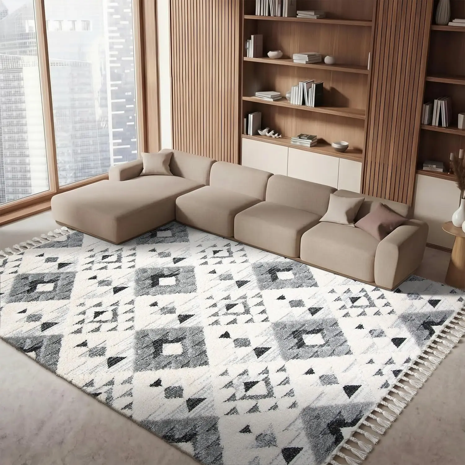 Moroccan Tassel Shag Area Rug 9x12 Ivory & Grey, Non-Shedding Plush High-Low Texture, Living Room Bedroom Dining, Customized
