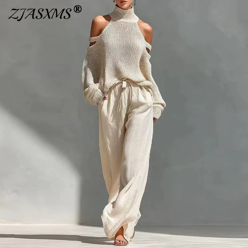 Women's 2 Piece Set Sexy Cold Shoulder Turtleneck Knit Sweater & Wide Leg Pants Suit 2026 Spring Summer Casual Loose Boho Outfit