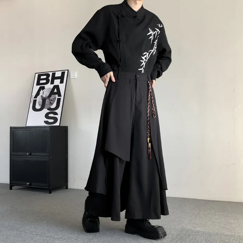 

New Chinese Style Men's Wide Leg Pants Summer Black Samurai Swordsmen Casual Trousers Straight Cut Low Waist Polyester Fiber
