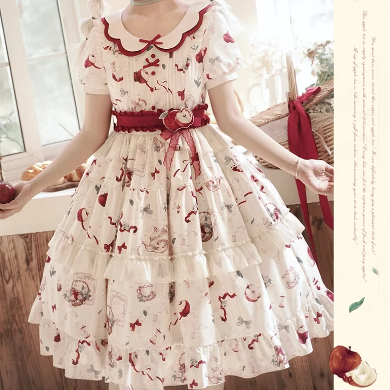 Victorian Sweet Elegant Lolita Dress Women Kawaii Fruit Print Short Sleeve Princess Dresses Cute Bow Peter Pan Collar Pary Dress