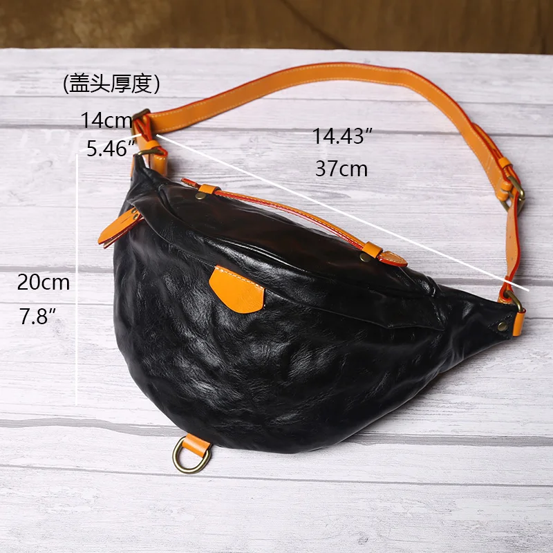 Original Vegetable Tanned Cow Leather Mobile Phone Waist Bag Men\'s Top Layer Cowhide Vintage Color Contrast Cross Body Chest