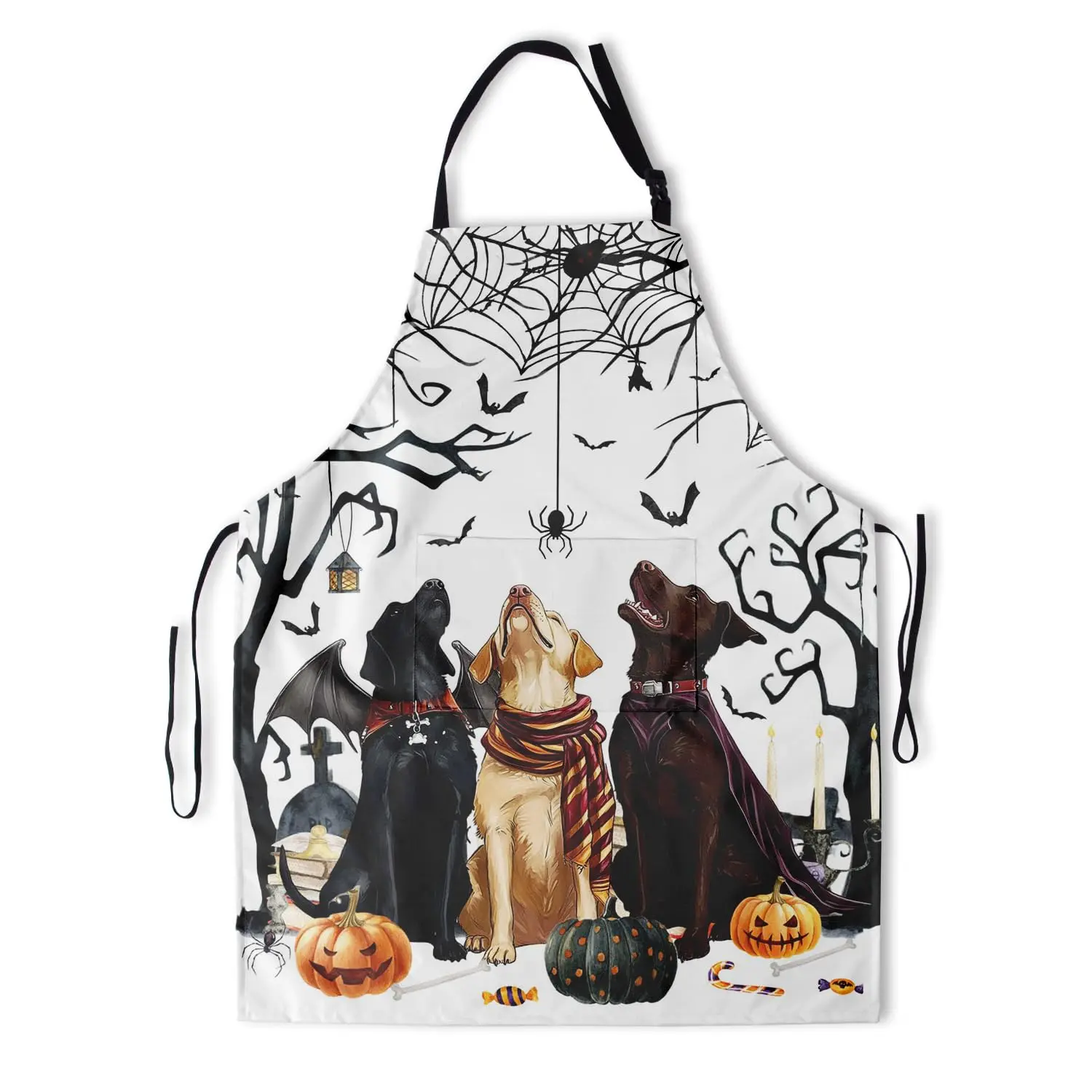 

Halloween Dogs Apron Spooky Pumpkins Spider Web Bats Kitchen Adjustable Waterproof Apron for Unisex Women Men Chef