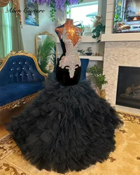 Cute Black Prom Dress For Black Girls 2025 Diamonds Crystals Gems Birthday Party Gown Tiered Ruffles Robe Customized