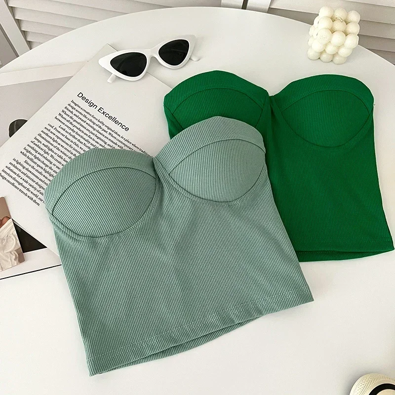 Nowe bez ramiączek Skinny Y2k Tanks Camis dla kobiet Summer Casual Solid Colors Female Corset Crop Tube Tops with Built in Bras