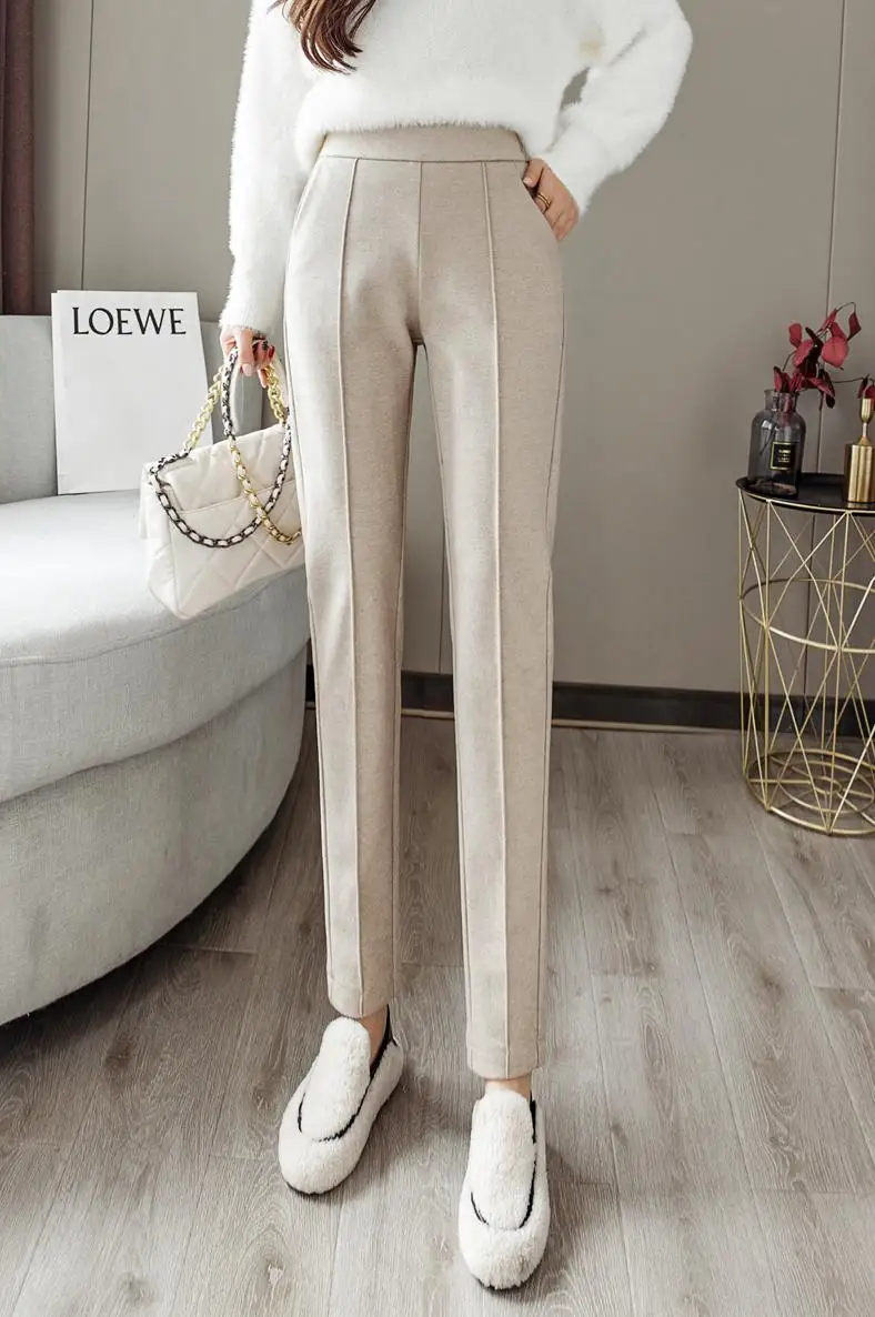 Woolen Pants Women's Harem Pencil Pants 2024 Autumn Winter High Waist Thicken Velvet Suit Pants Office Lady Women Trousers