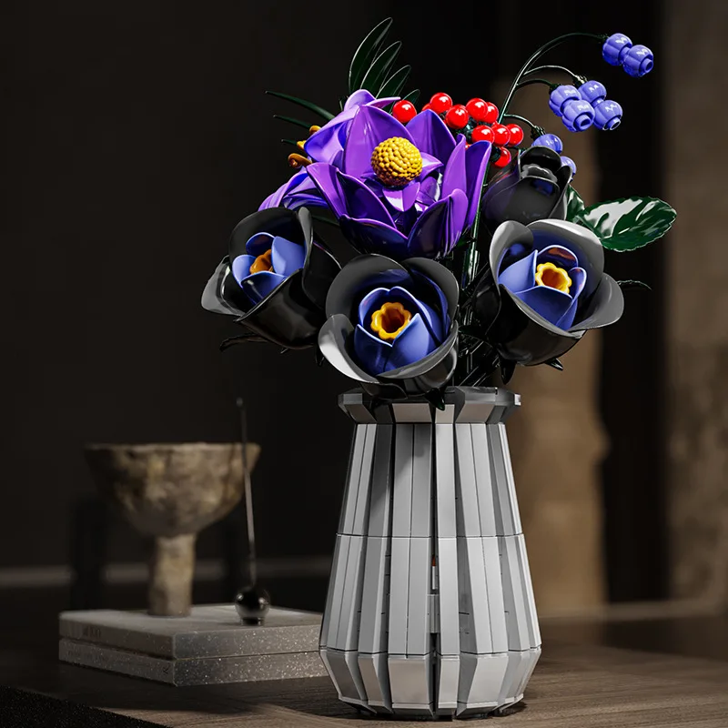 

Flower Bouquet Building Set Purple Botanical Artificial Flowers Toys Gothic Decor Valentines Day Birthday Gift（836PCS )