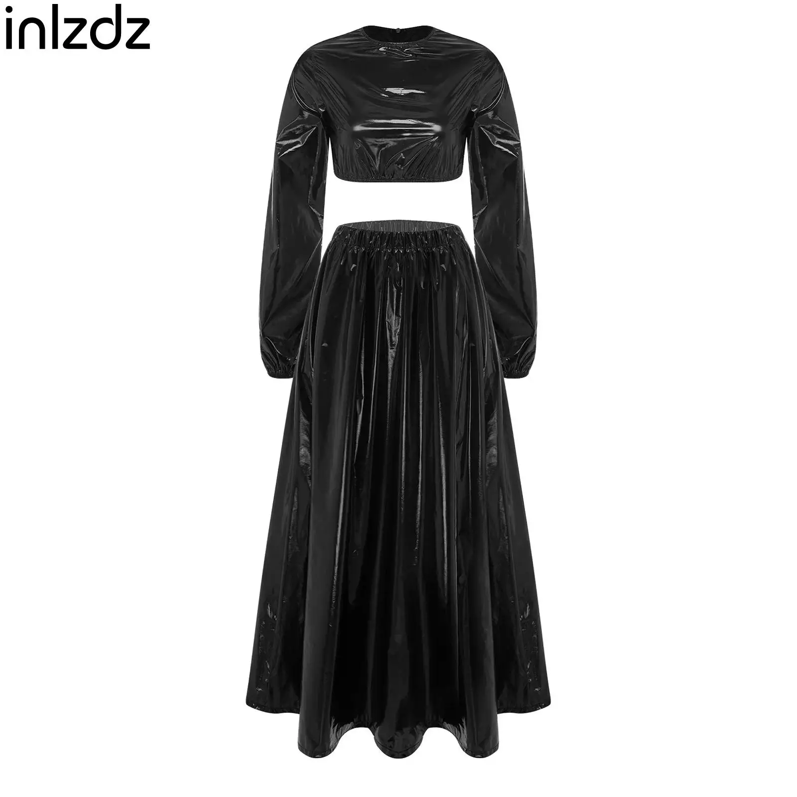 2 Piece Waterproof Outfit for Women Long Sleeve Back Zipper Crop Top and Swing Hem Maxi Skirt Clubwear for Rave Party Beach