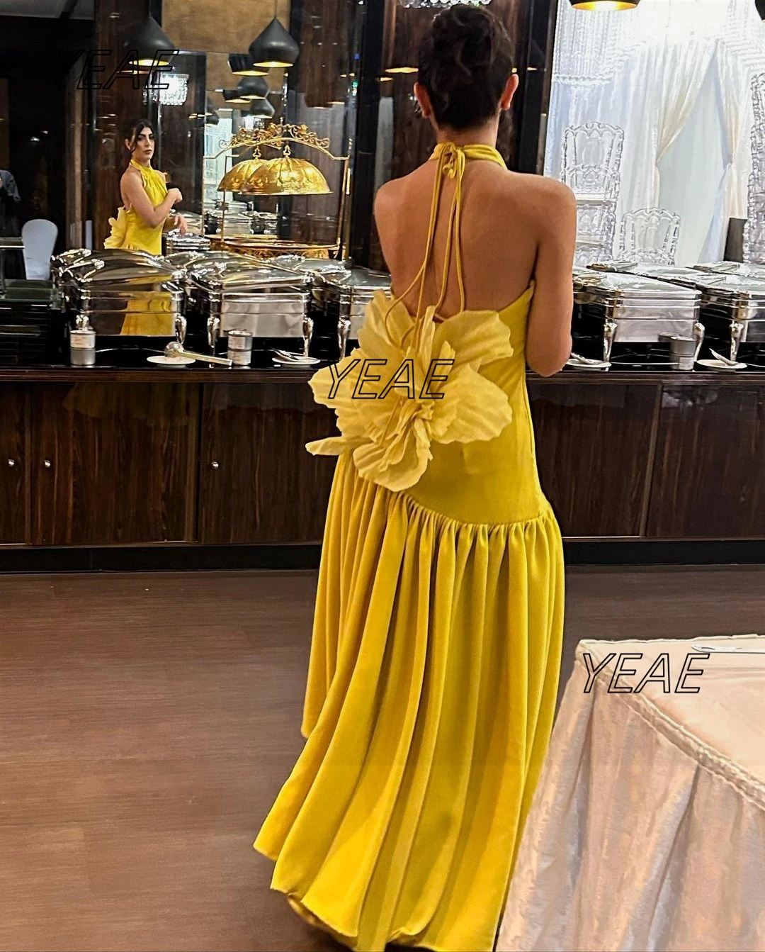 Santorini Open Back Cocktail Party Evening Long Ruched Prom Dresses with Flowers  فساتين للحفلات الراقصة Saudi Arabia Women Wear