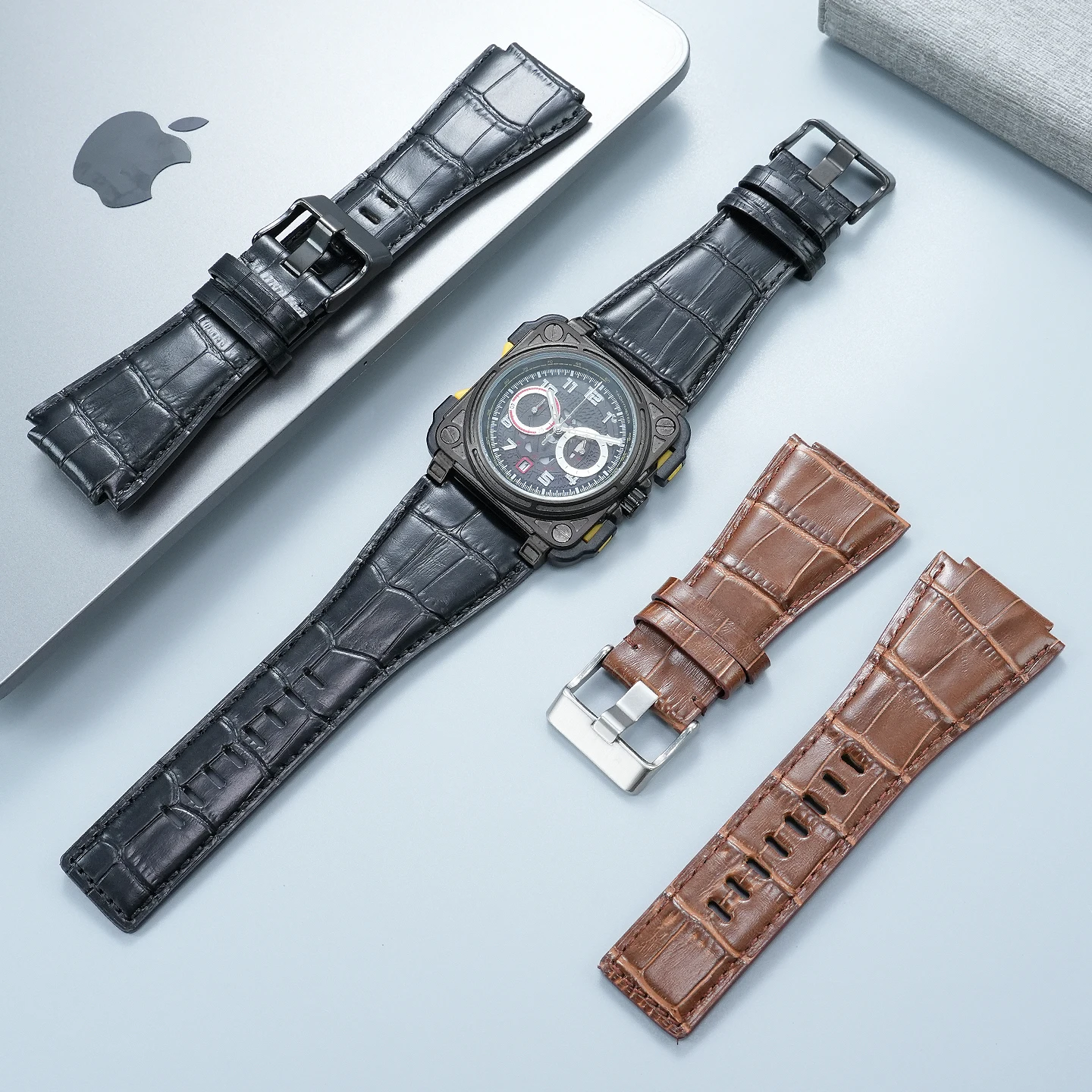 24mm Custom-Fit Embossed Genuine Leather Strap for Bell & Ross BR01 and BR03 Men's Watches—High-Quality Buckle Replacement Strap