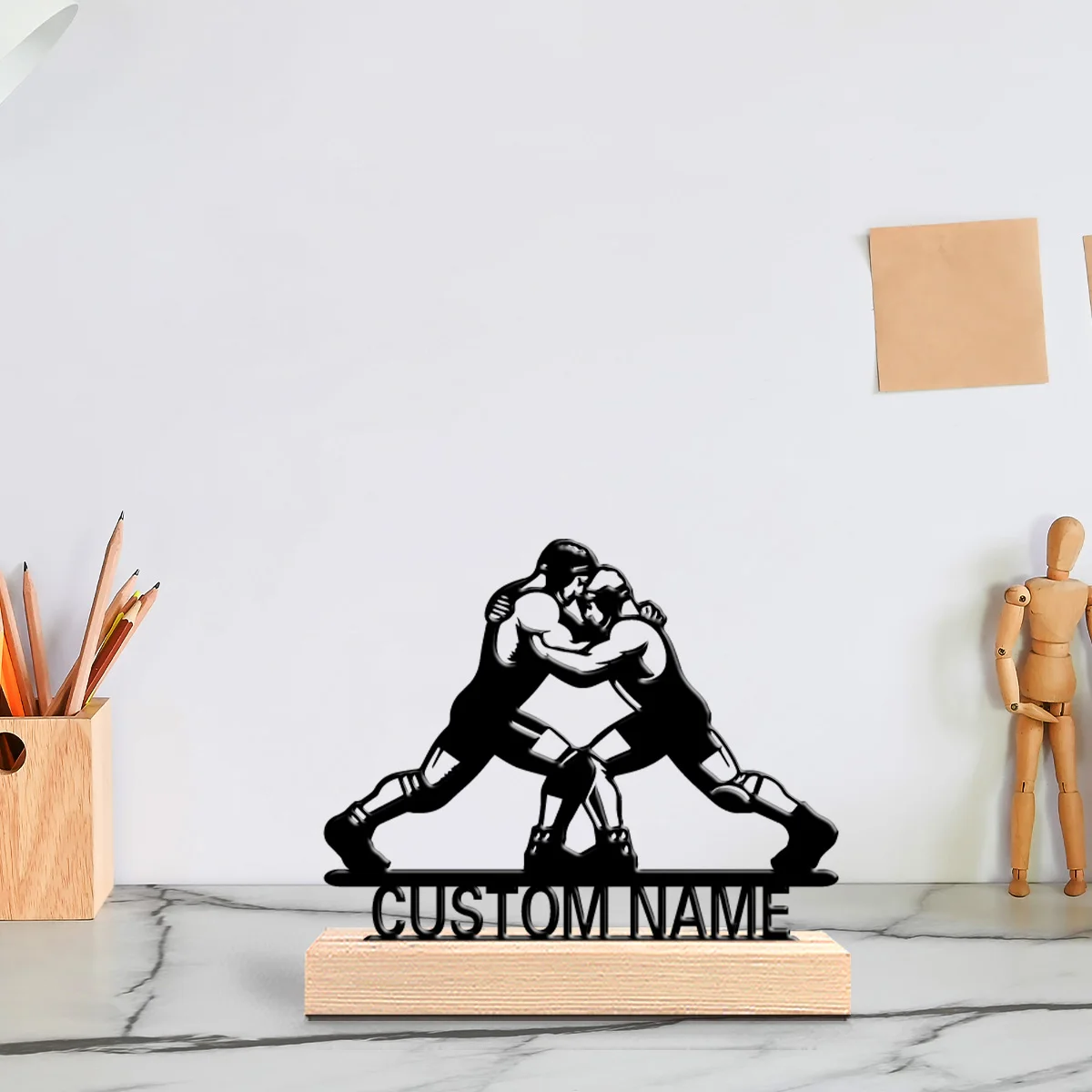1pc Fashion Martial arts Personalized Text Metal Statue Iron Ornament With Wood Base Metal Sculpture With Wood Base Office Desk