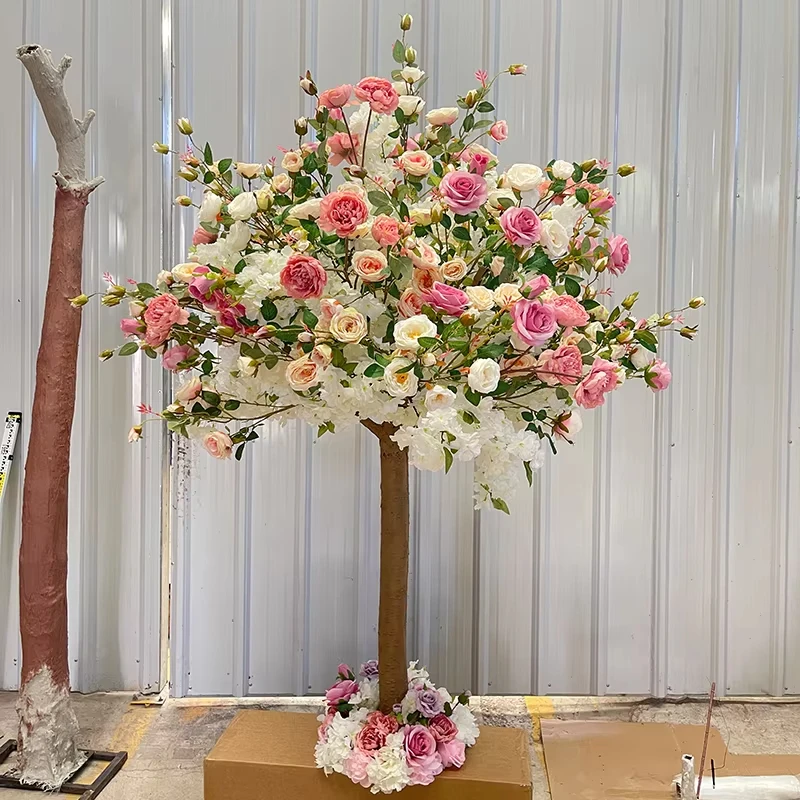 White pink silk mini cherry blossom bonsai tree wedding interior decoration small artificial cherry tree