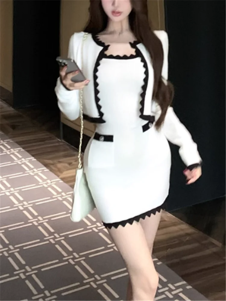 

Elegant Lady Two Pieces Knitted Suits Color Contrast Stunning Women 2 Pieces Sets Pencil Mini Straps Dress&Long Sleeve Cardigan