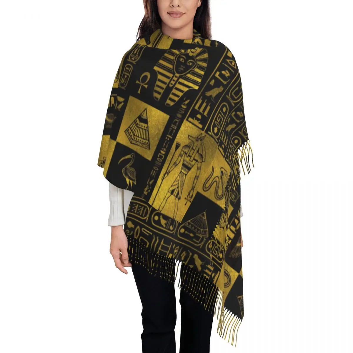 

Retro Egyptian Gold Hieroglyphs And Symbols Collage Scarf Wrap Long Winter Fall Warm Tassel Shawl Egypt Hieroglyphic Scarves