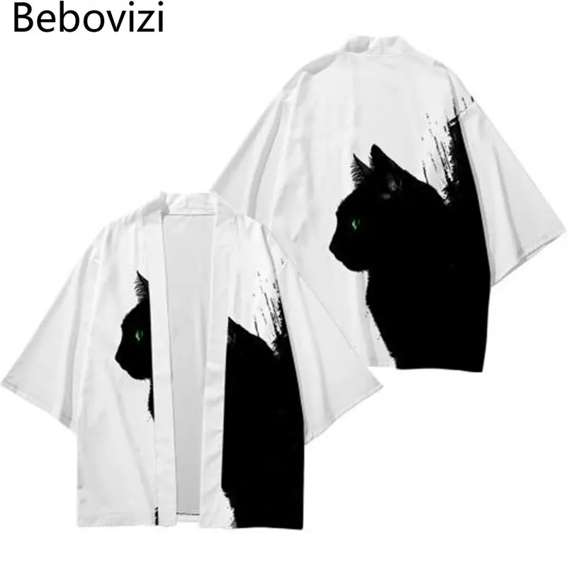 Japanese Traditional Cat Print White Kimono Cosplay Haori Obi Women Men Cardigan Beach Yukata Oversized Asian Clothes