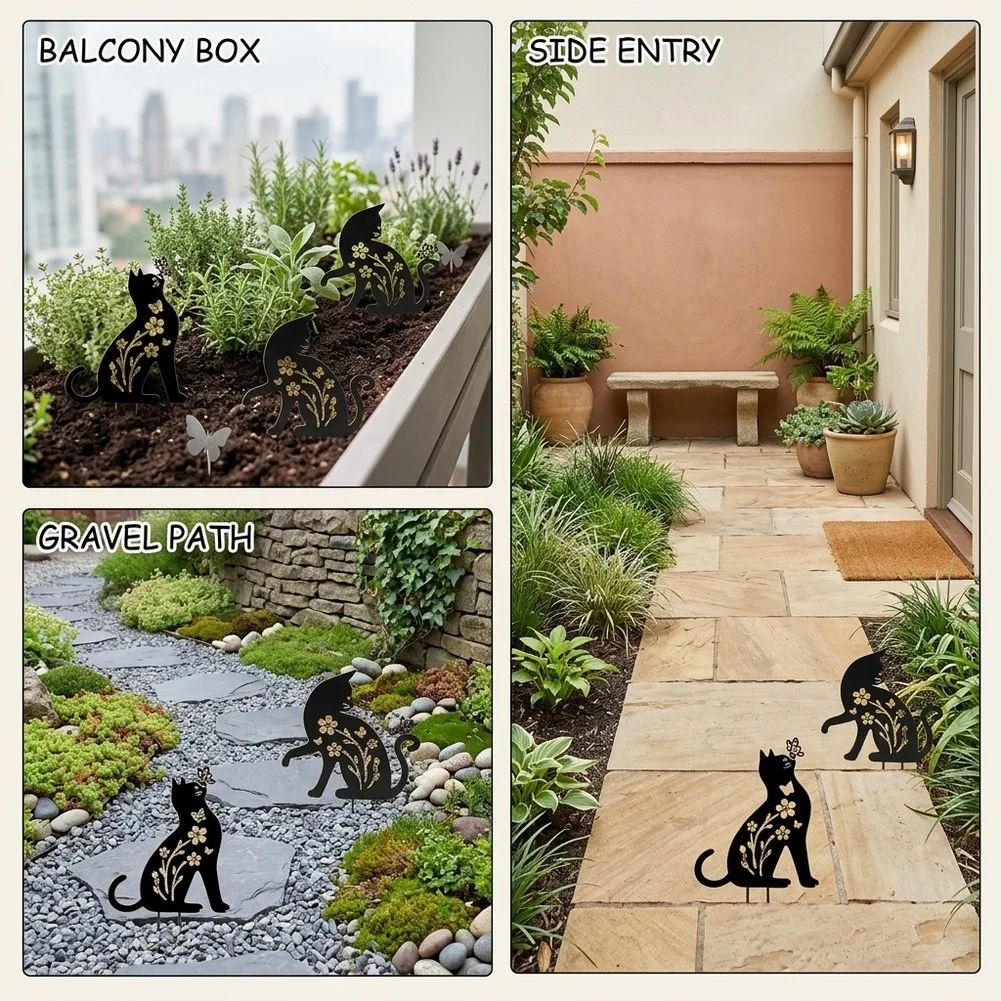 2 Pack Galvanized Steel Cat Stakes - Black Cat Silhouette Yard Decor for Garden Pathway Lawn and Outdoor Display