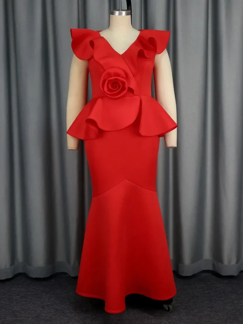 

Long Party Dresses Mermaid Ruffles 3D Flowers V Neck Peplum Belly Hide Cocktail Celebrate Wedding Guest Formal Event Gowns 2025