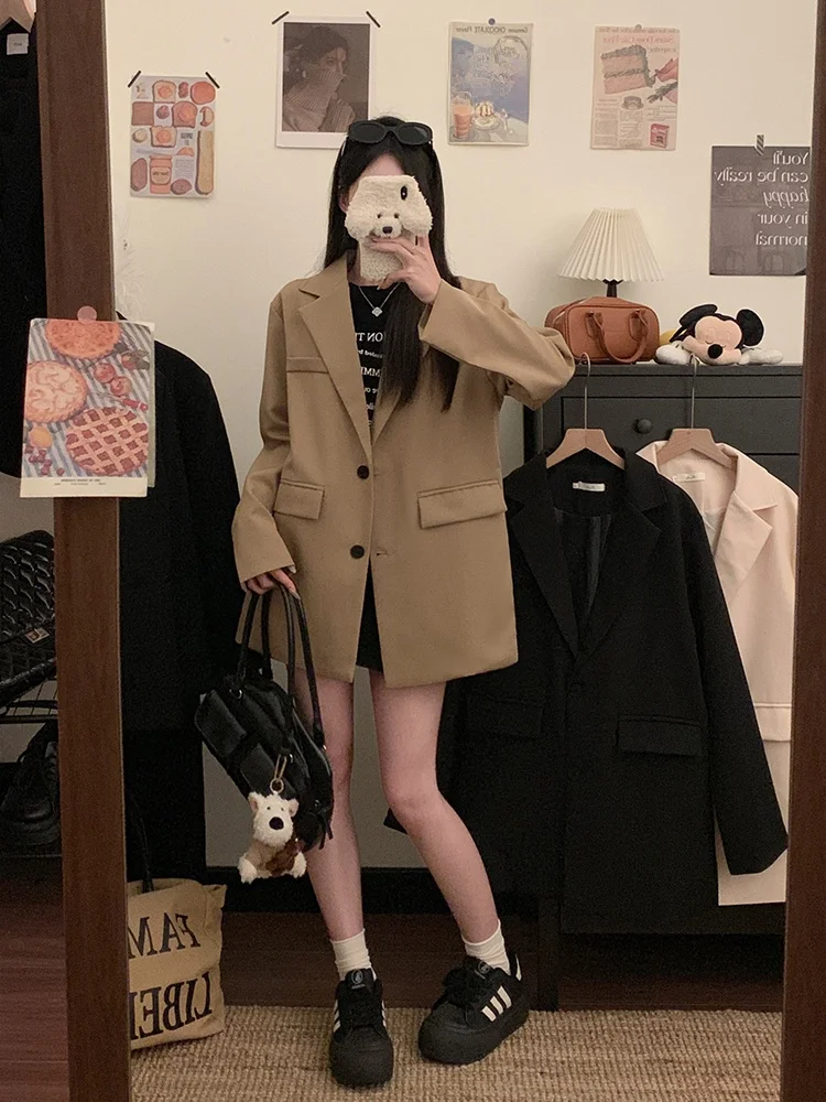 

Женский пиджак Kumikumi однотонного цвета с длинным рукавом, свободного кроя, стройнящий, весенний, высокого качества, повседневный, для офиса, из полиэстера