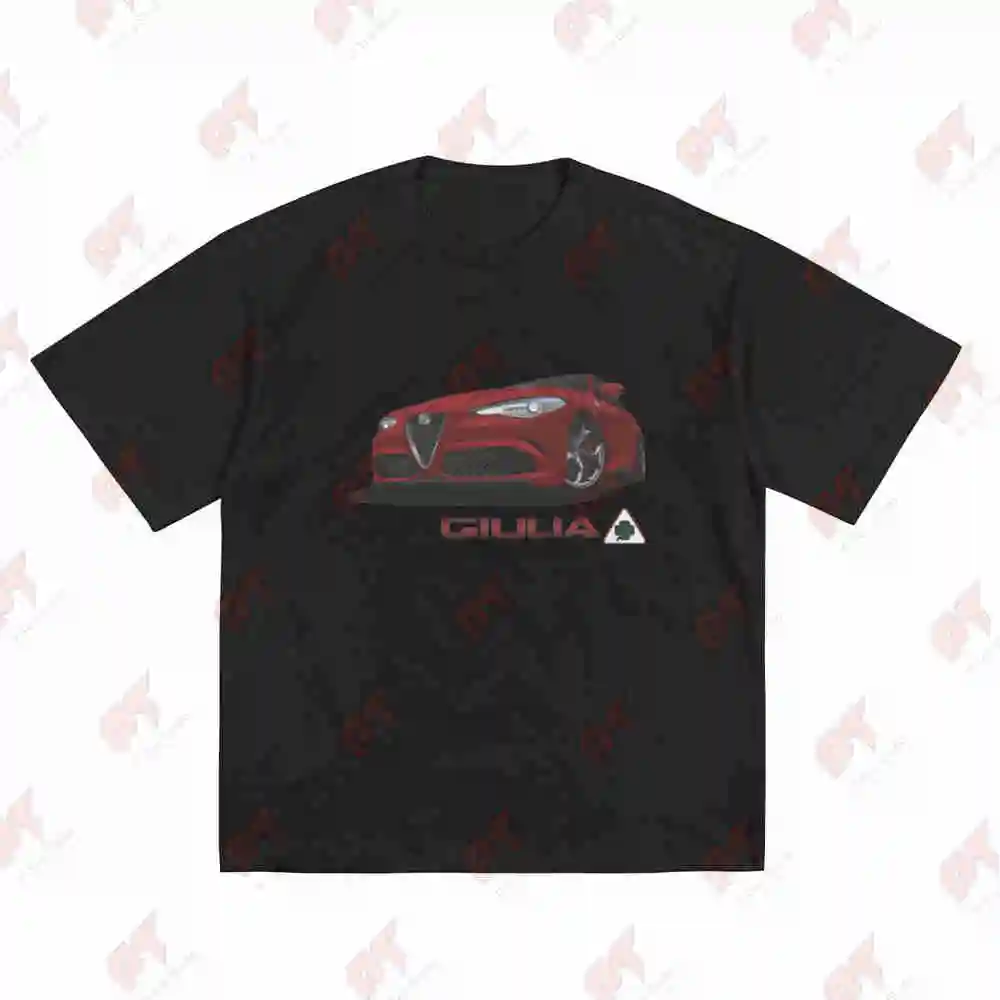 Giulia Quadrifoglio Red Car Design Short Sleeve Tee 100% Cotton T-Shirt