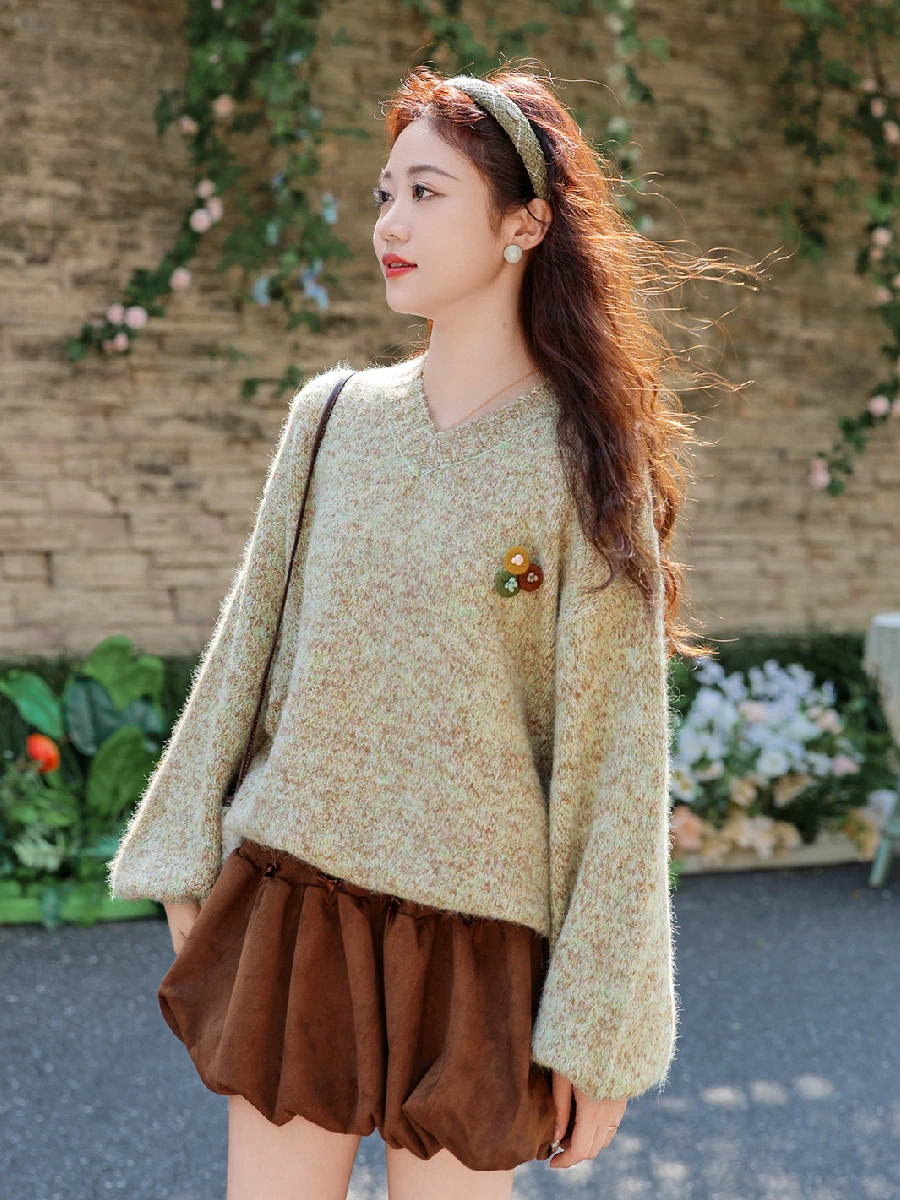 

Художественный винтажный свободный свитер с v-образным вырезом, мягкий, уютный, ленивый, вязаный, осень-зима, Новое поступление, удобное тепло