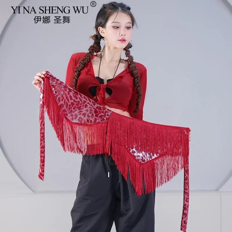 Vrouwen Buikdans Kleding Lange Fringe Onregelmatige Visnet Shimmy Riem Latin Jazz ChaCha Luipaard Print Hippe Sjaal Tie Wraps