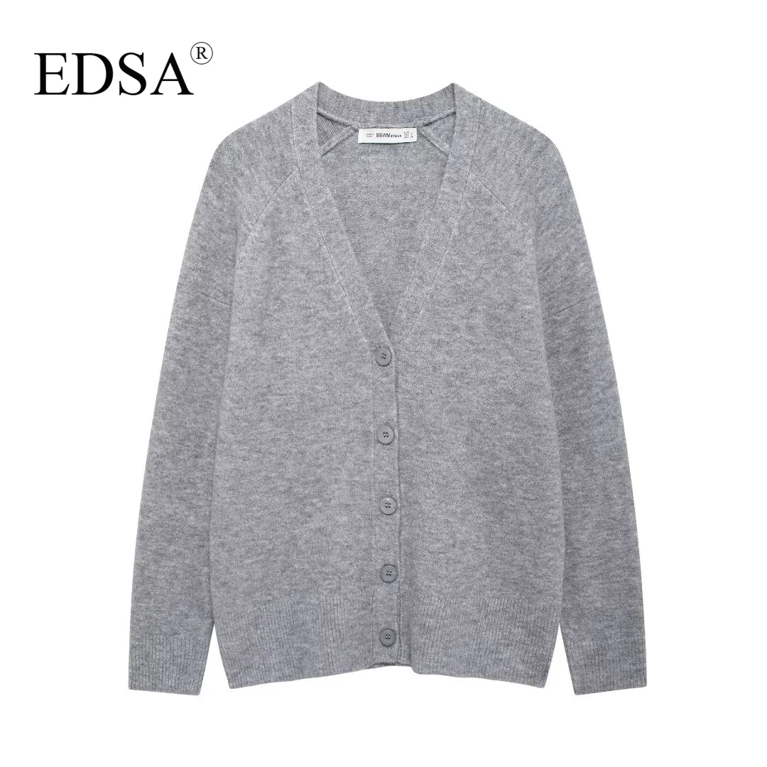 EDSA Women Soft Knit Cardigan V-Neck Long Sleeves Single Breasted Button-down Front Autumn Sweater Top