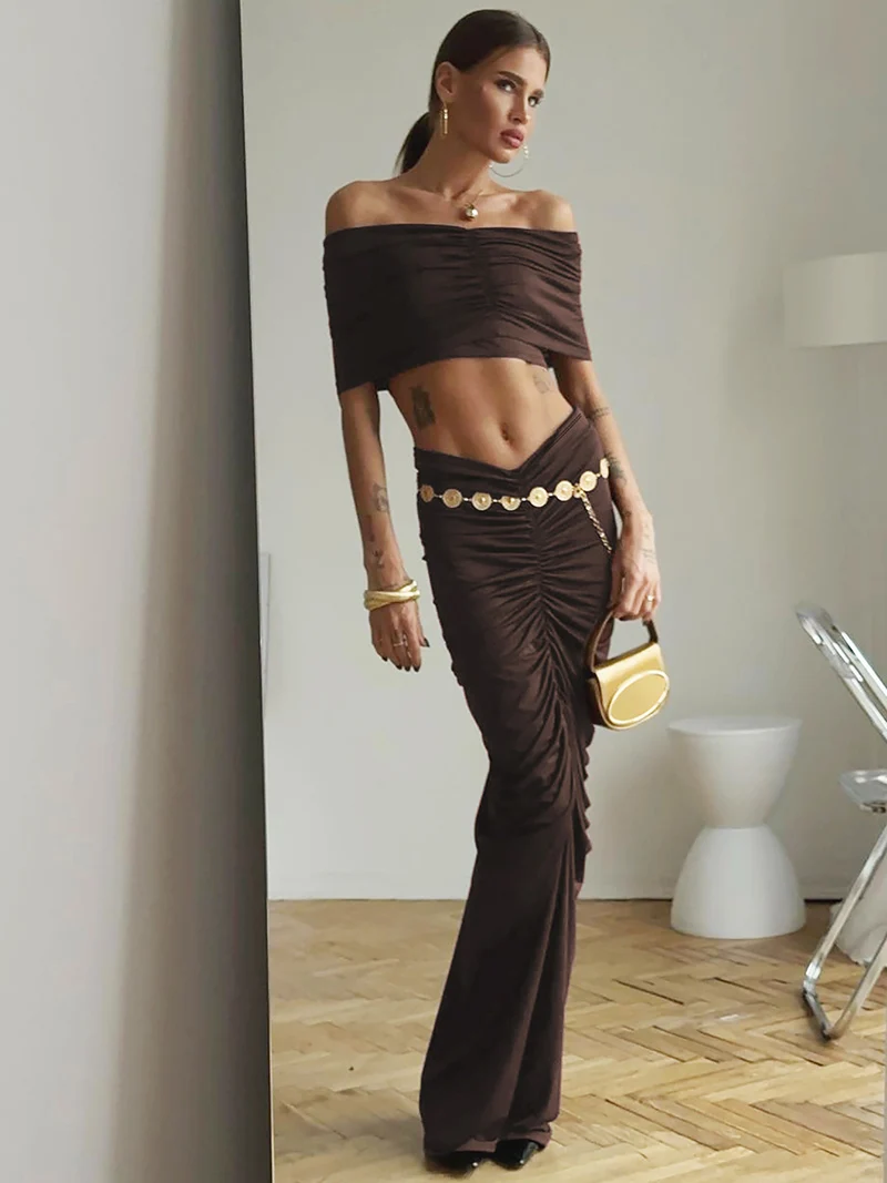 

MSCSZ Off Shoulder Top And Long Skirt Set Women Backless Ruched 2 Piece Sets Women Outfit Summer Sexy Rave Club Outfits Suits