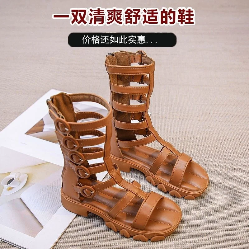 Summer Solid PU Children Gladiator Sandals Buckle Zipper High Top Girls Sandals Soft Anti Slip Footwear Kids Fashion Shoes