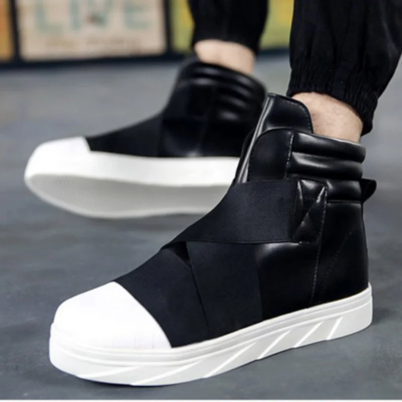 new Men 6 cm Height Increasing Platform Boots Back Zip Leather Shoes Male Mixed Colors Y3 High Top Black White Men\'s Boots