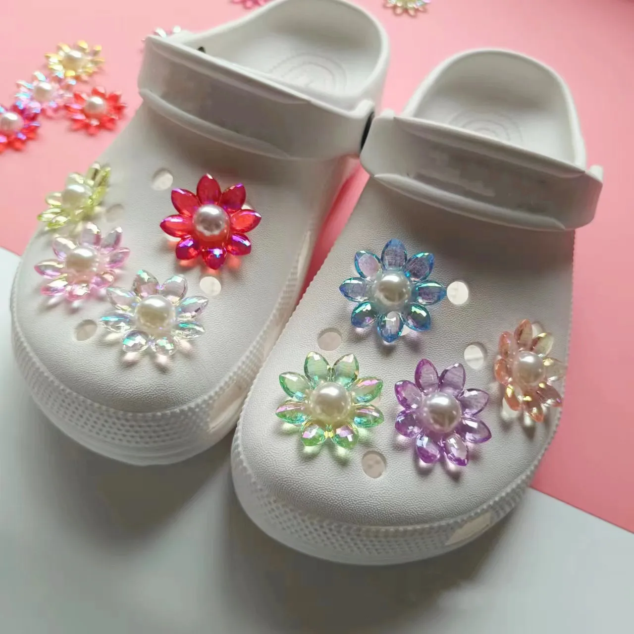 New Colorful Flowers Hole Shoe Charms Decorations Cartoon Pearl Flower Shoe Flower Shoes Buckle DIY 3D Hole Shoe Accessories