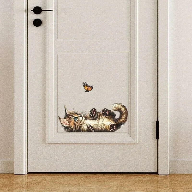 Cat Butterfly Playing Wall Sticker for Kids Room Bedroom Home Mural Vinyl Decals