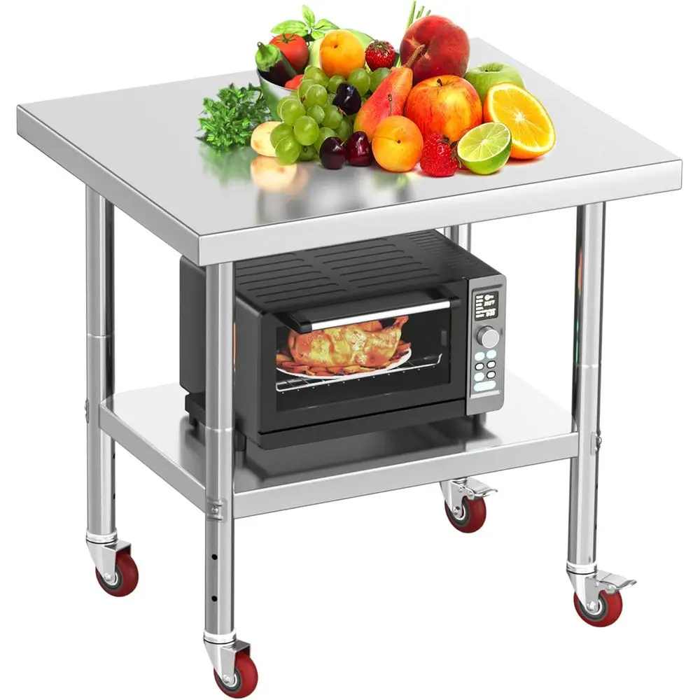 

30 x 24 Stainless Steel Work Table with Wheels and 2 Shelves, Ideal for Kitchen, Restaurant, Garage, and Outdoor Use