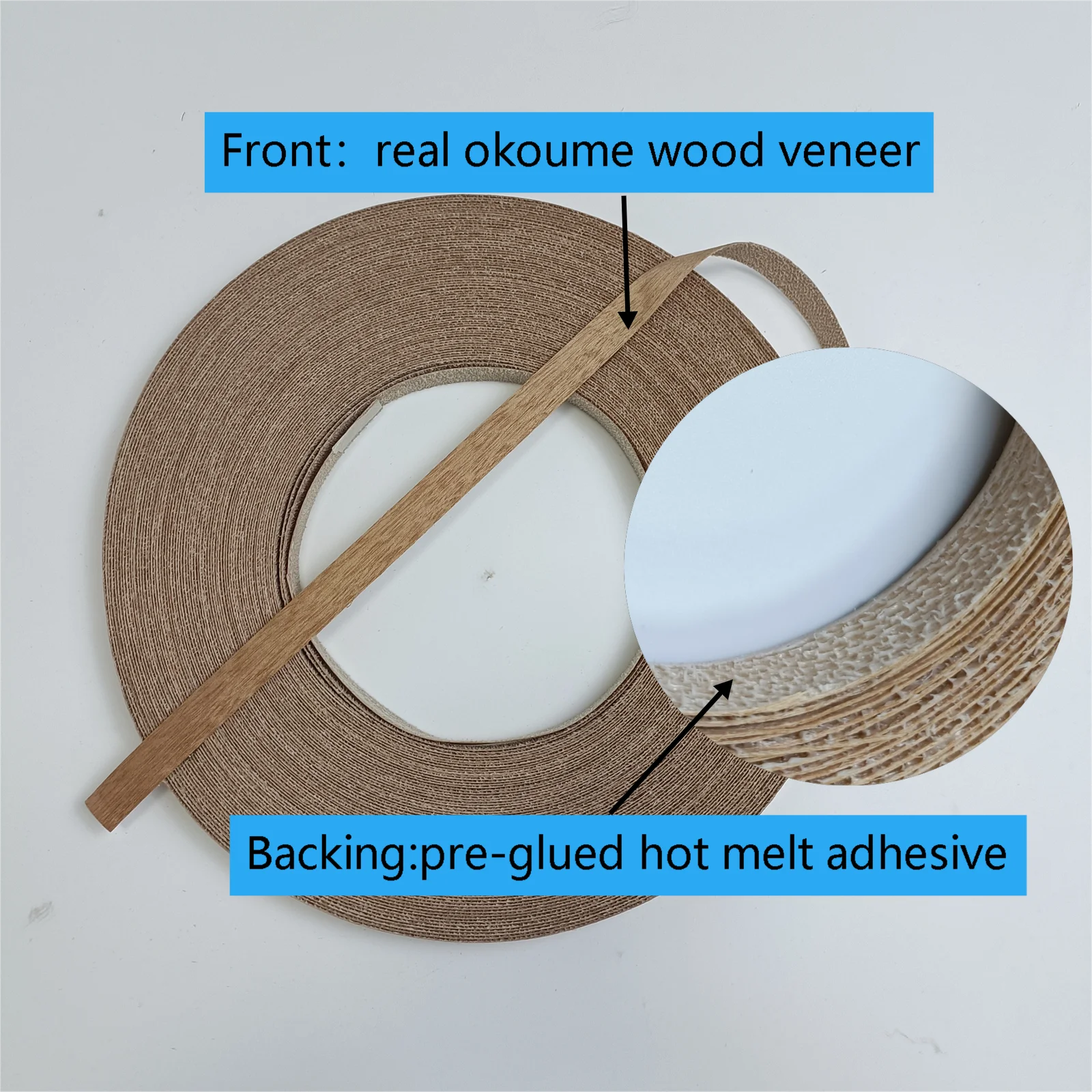 Pre-glued 3/4'' Okoume Wood Edge Banding,Iron On Veneer Edging with Hot Melt Adhesive, Apply For Furniture Cabinet Plywood