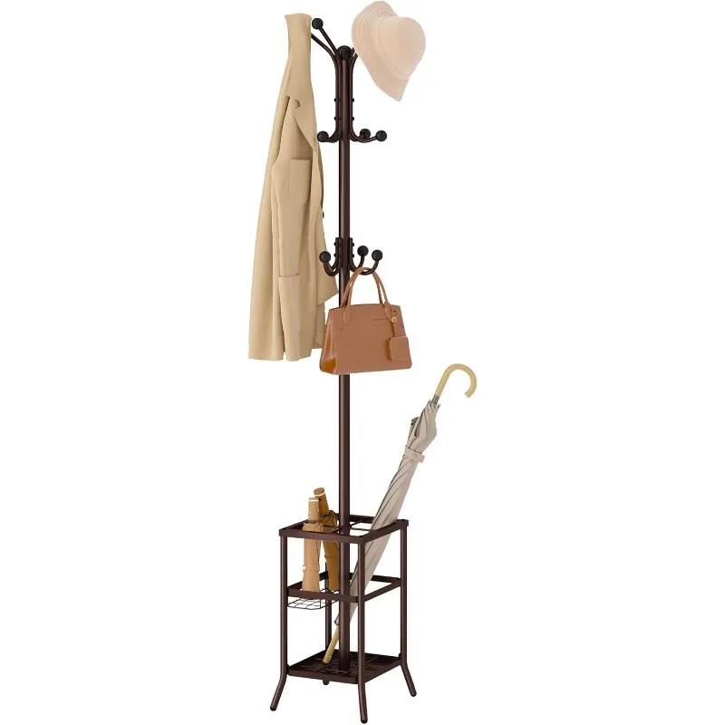 Coat Rack Freestanding,Coat Rack Stand with Umbrella Holder,Metal Coat Rack with 12 Hooks,Tree Clothes Hat for Entryway