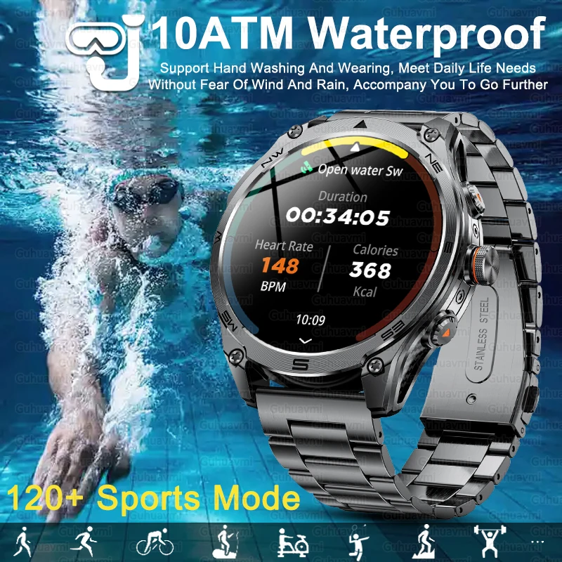 2025 New Military GPS Smart Watch 1000Mah Battery Compass 10ATM Waterproof Outdoor Sport Flashlight BT Call Smart Watch For Men