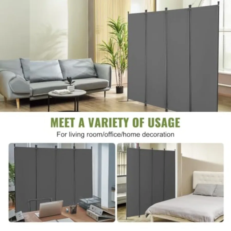4-Panel Cloth Room Divider Foldable Privacy Screen for Office, Lightweight Self-Standing Partition with Pale Gray Fabric, Porta