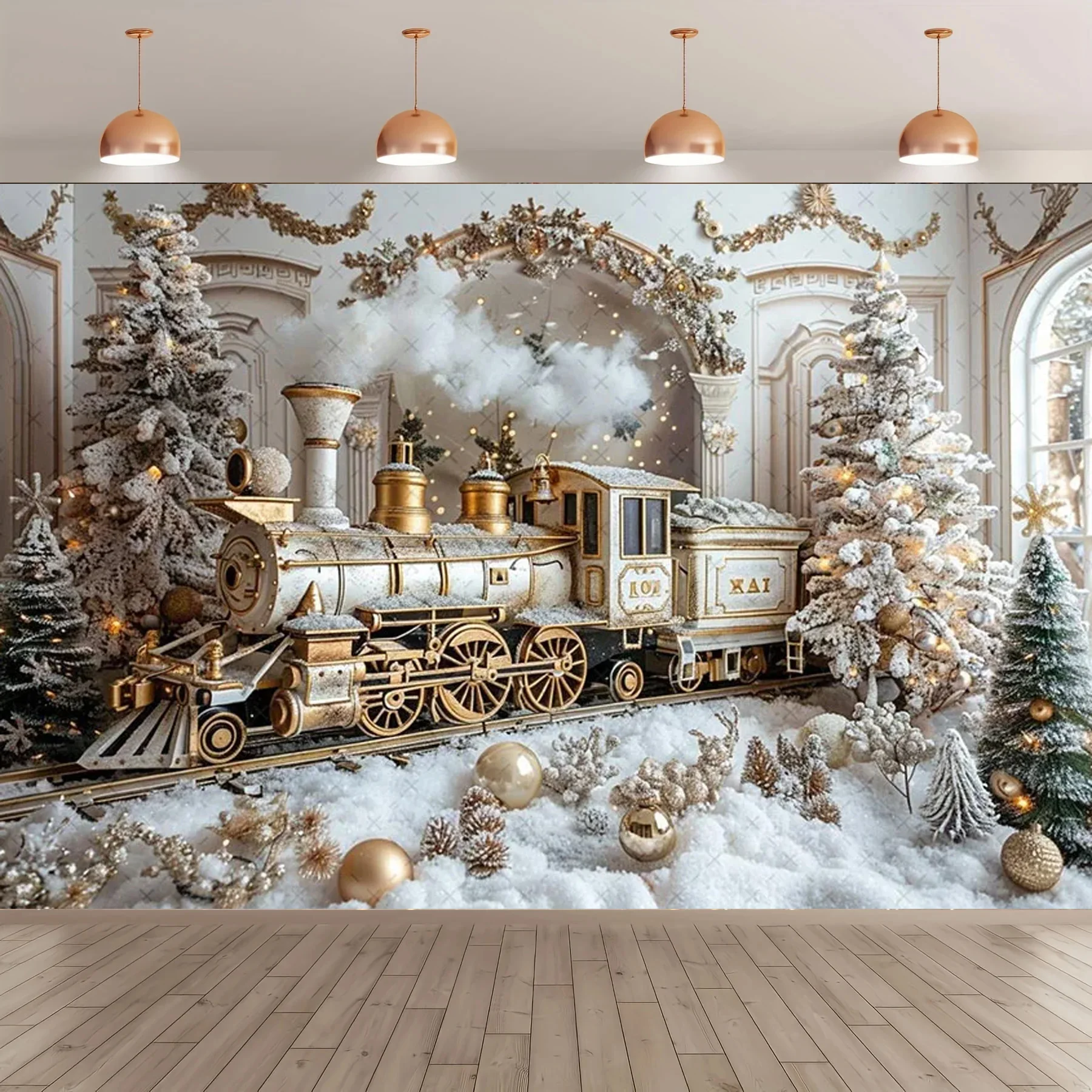 

Winter Christmas Extreme Train Photography Background, Christmas Tree Children's Family Party Decoration Background Photography