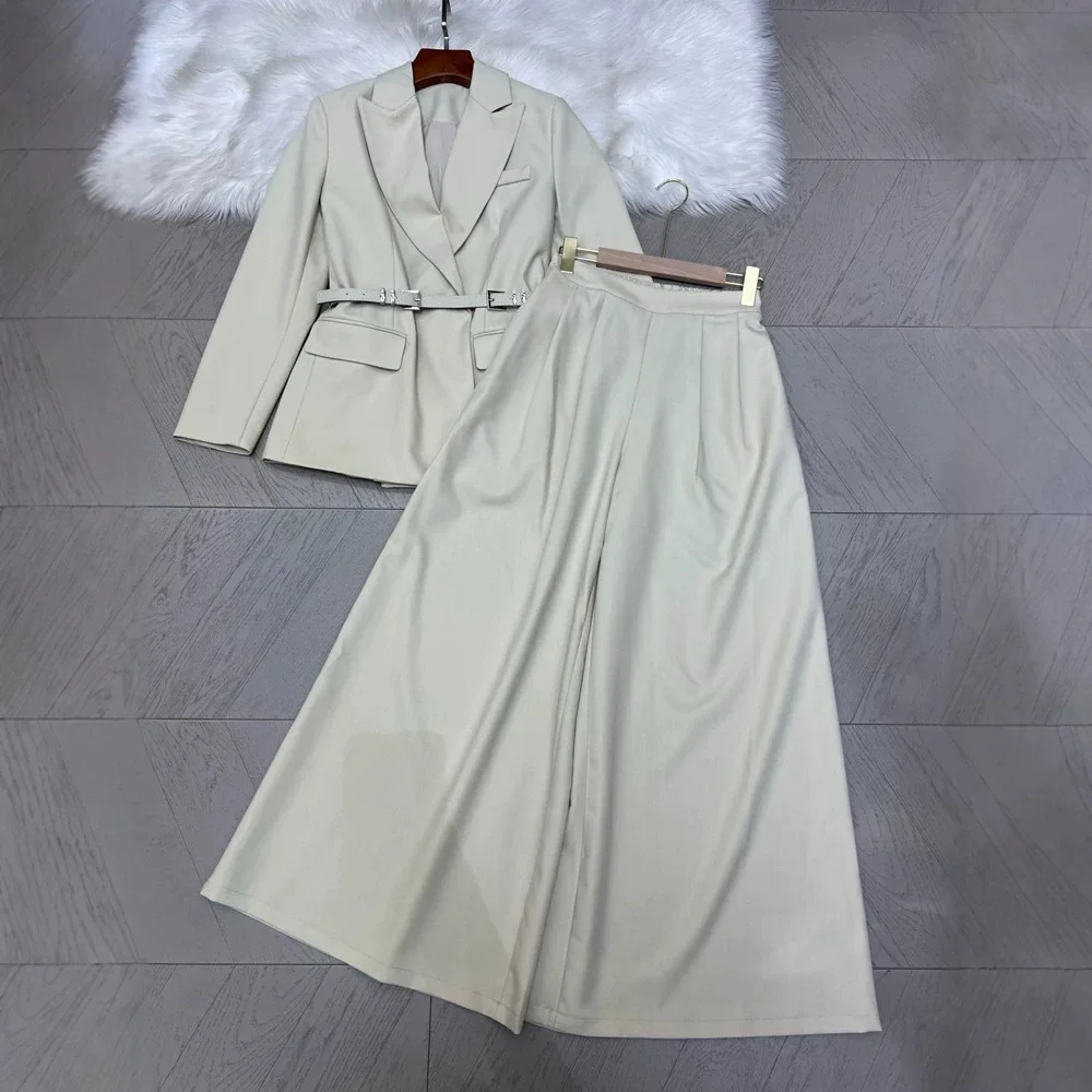 New Spring Summer Ladies Belted Blazer Wide Leg Trousers Two Piece Set