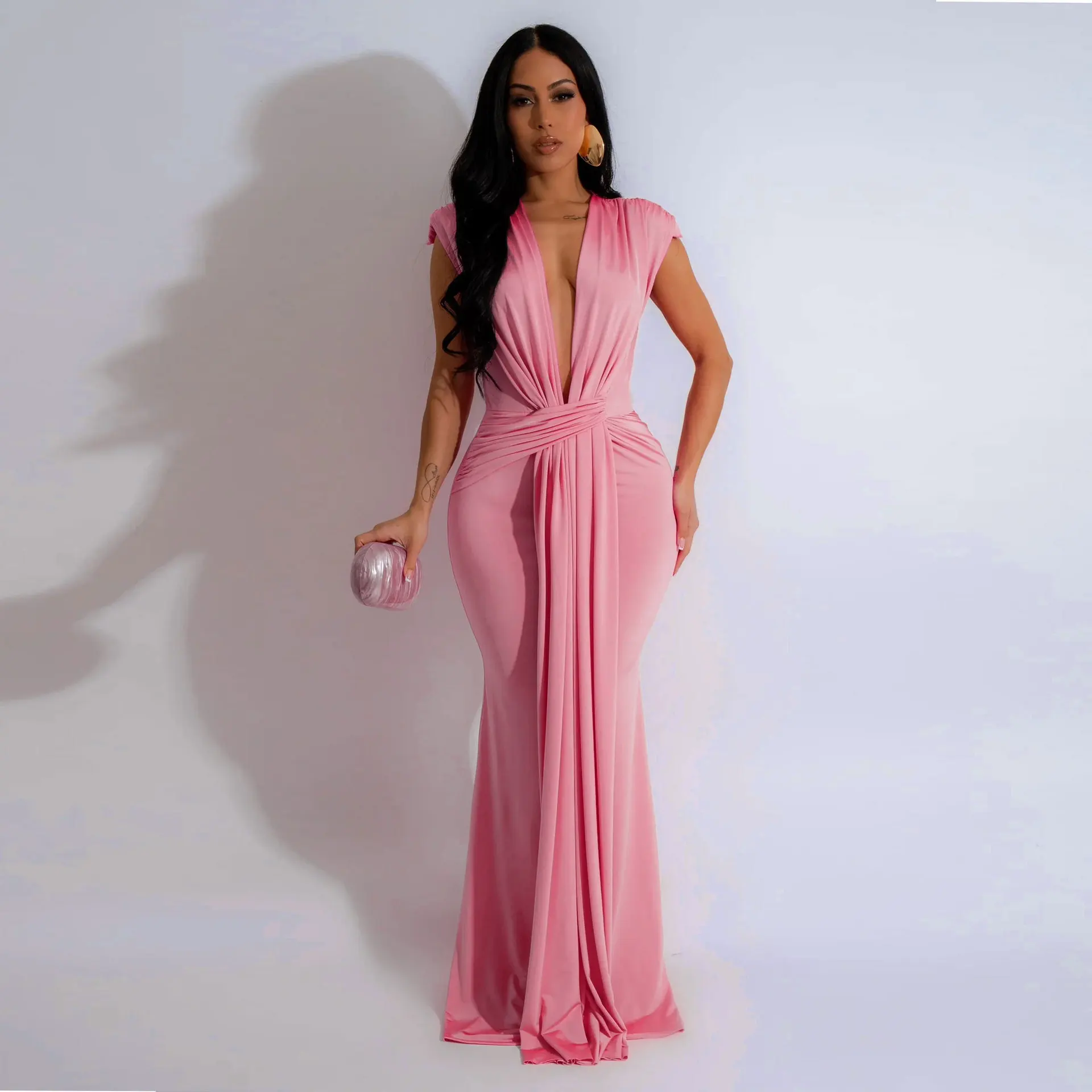 

Women Elegant Ruched Bodycon Maxi Dresses For Birthday Night Party Deep V-neck Sheath Celebrity Formal Evening Prom Robe Femme