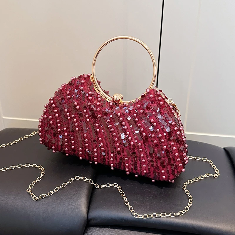 

Luxury Sequined Evening Clutch Bag Fashion Chain Single Shoulder Crossbody Bag Ladies Handbag Red Wedding Purse Ring Handle Tote