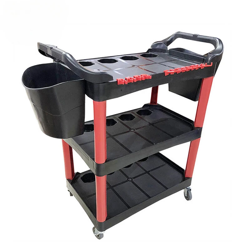 Multi-Purpose Auto Beauty Trolley with Bucket and Blottle Hook, Garage, Car Washing Shop, Three-Story Tool Cart