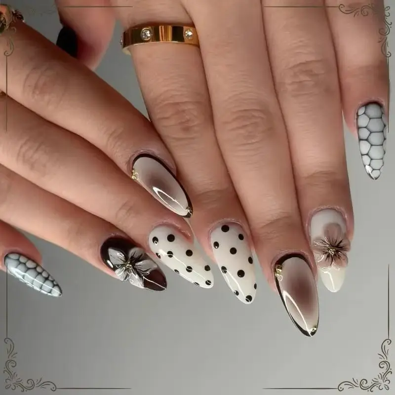 

24PCS Flowers Polka Dots Line Press on Nails French Almond Shape Fake Nails Luxury sweet cool Autumn Winter Wearable False Nails