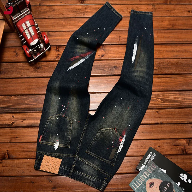 Jeans men's autumn and winter slim-fitting small straight elastic trend American patchwork retro denim nostalgic trousers