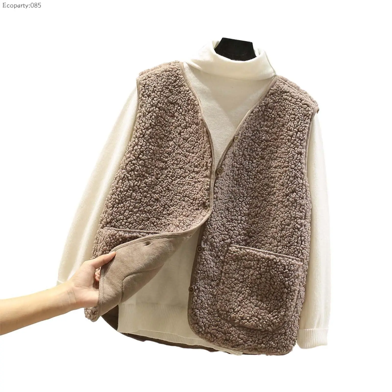 Women's Warm Winter Jacket Teddy Fleece Jacket Sleeveless Fluffy Plush V-Neck Vest Coat with Pockets Outdoor Winter Jacket