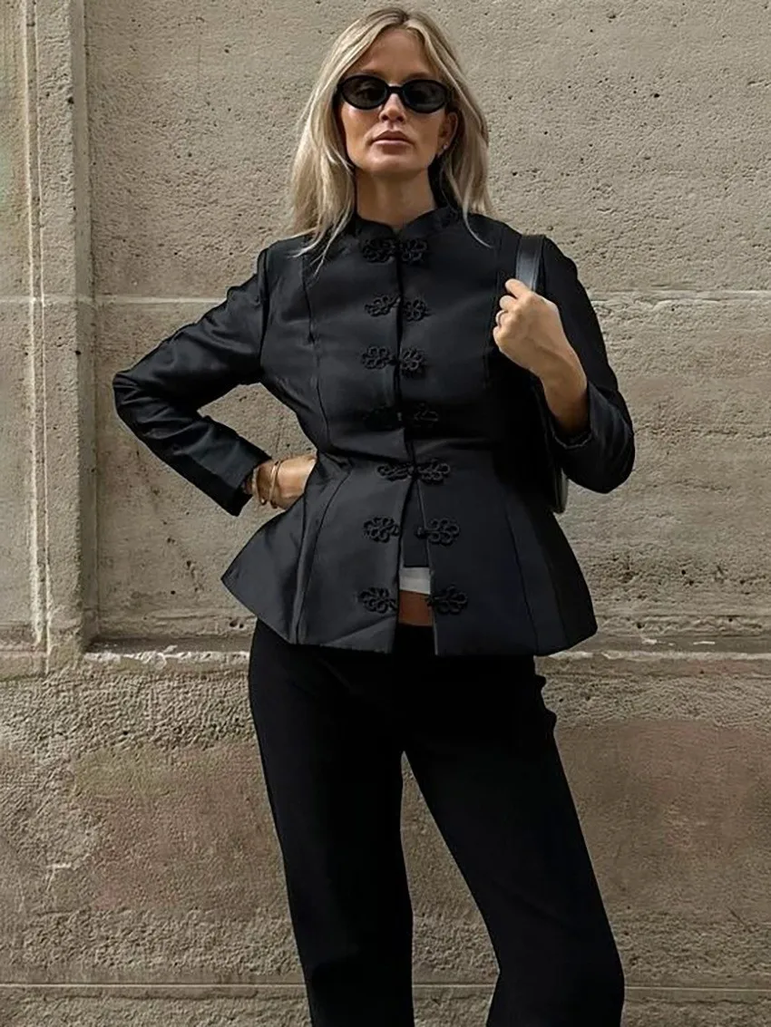 

Spring Summer Women's Clothing Elegant Mandarin Collar Long Sleeve Jacket For Woman A Line Mid Length Polyester Outerwear