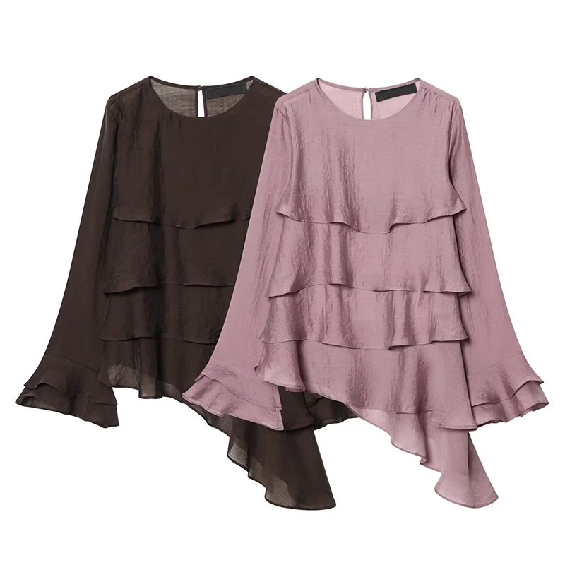 

YENKYE New 2026 Women Layered Ruffle Blouse Asymmetric Hem Flare Sleeve Spring Summer Tops