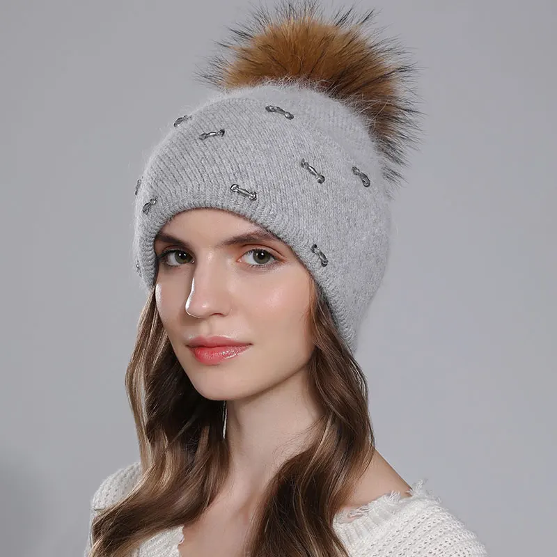 CNTANG New Angora Rabbit Fur Hat Natural Raccoon Fur Pompom Beanies Winter Warm Knitted Hats With Rhinestones Bifold Female Caps