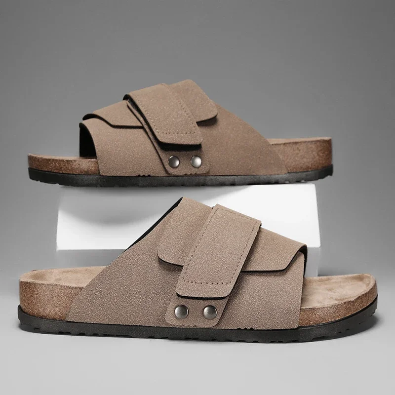 Beach Shoe Men's Summer Sandals 2024 Casual Outside Cork Slippers Solid Color Non-slip PU Leather Slide Shoe Sandalias Slippers