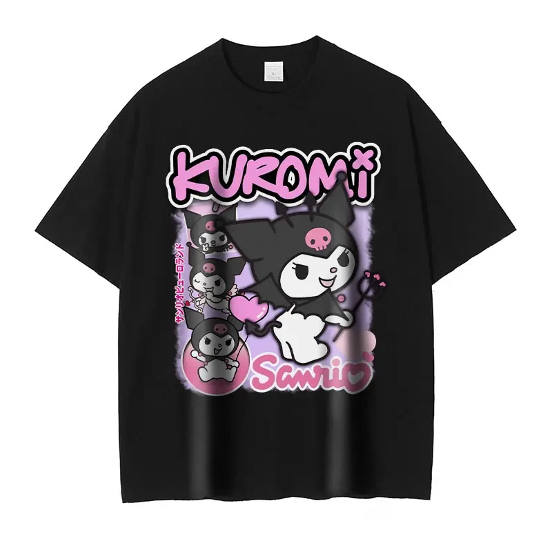 Hello Kitty Cute Girl Tops Anime My Melody Kuromi TShirt Oversized Vintage Washed Kuromi Tshirt Streetwear Women Cotton T Shirt