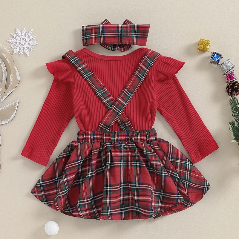 Set per le vacanze invernali da bambina, pagliaccetto festivo con stampa di renne, con gonna a bretelle in tartan e fascia abbinata