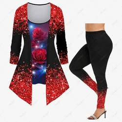 Plus Size Dames Dagelijks Casual Bijpassende Set Colorblock Ombre Rose Bloem Glitter Pailletten 3d Print 2 In 1 T-Shirt Of Legging